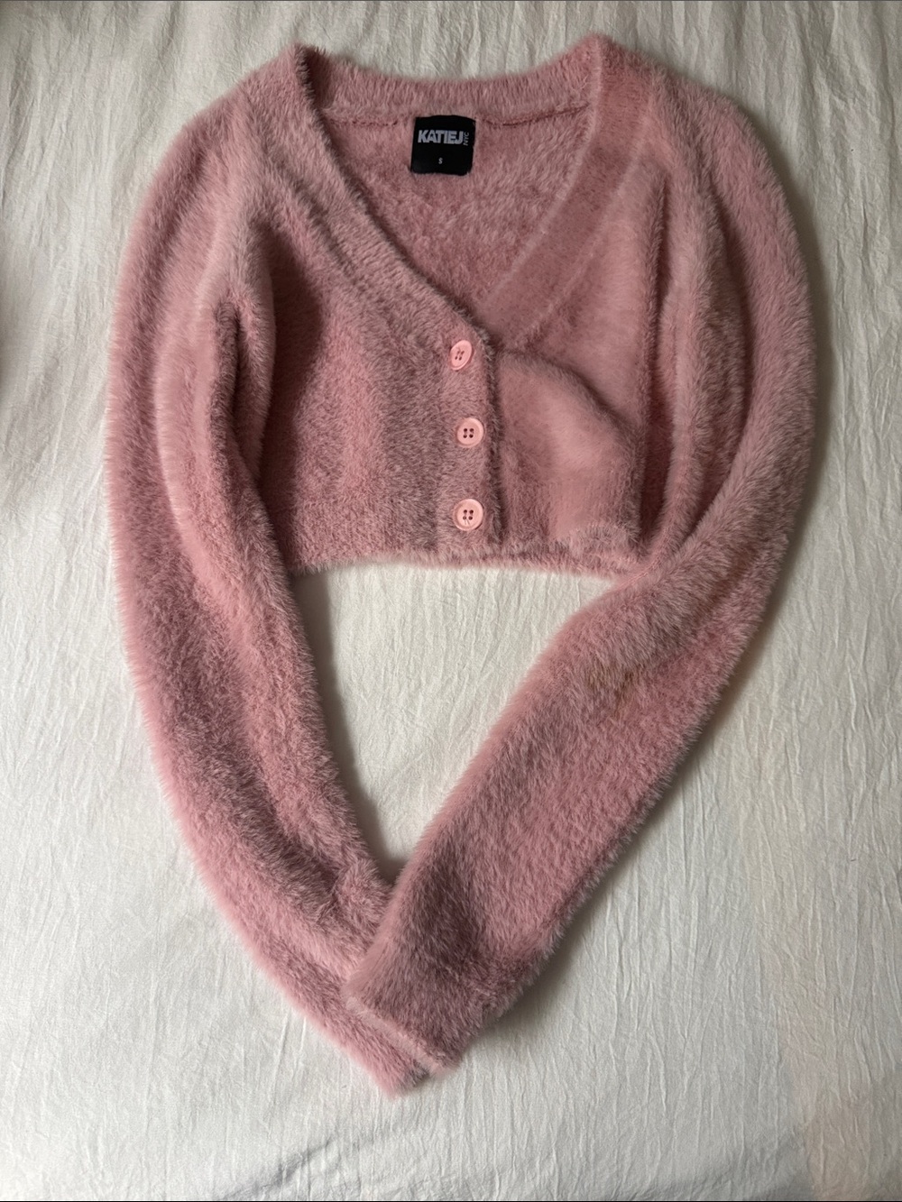 KATIEJ NYC Soft Pink Fuzzy Cropped Button Cardigan Size Small